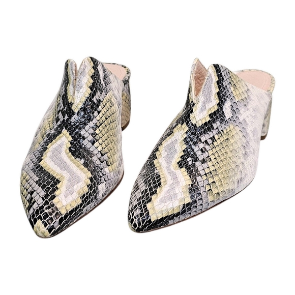 AGL Leather Snakeskin Pointed Toe Mules Size 7.5 Green & Gray Designer Luxury - Picture 3 of 15